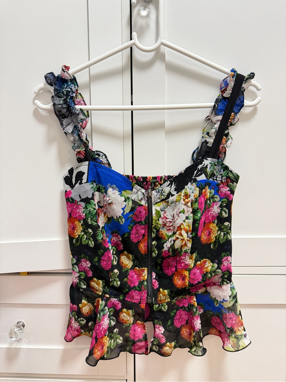 Floral Ruffle-Strap Peplum Cami - Black Multicolor